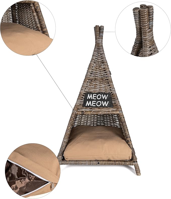 CBD1002A Tiki Tent 20" x 20" Coastal Handwoven Rattan Cat Bed with Machine-Washable Cushion, Kubu Gray