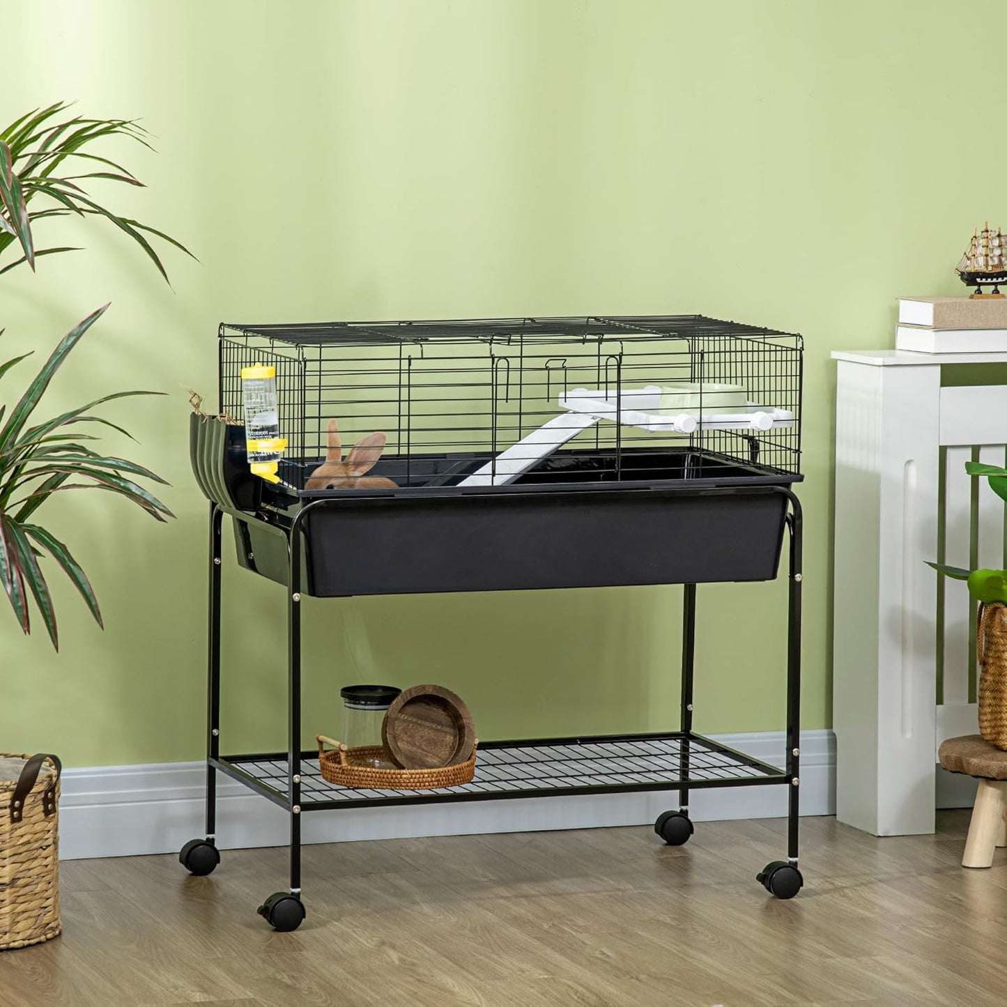 PawHut Two-Story Small Animal Cage Removable from Stand, Guinea Pig Cage with Shelf & Wheels, Pet Habitat for Hedgehog, Chinchilla, Ferret, 33" x 18.5" x 35", Black
