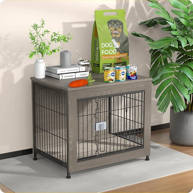 Escape Proof Decorative Dog Crate Furniture with Wooden Top, 27in Furniture Style End Table and Secure Indoor Kennel, Anti Anxiety for All Breeds, Greige