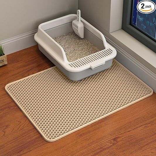 HCY&WLD 2-Pack Cat Litter Mat, Double Layer Honeycomb Waterproof Urine Proof Non-slip Litter Trapping Mat, Less Waste, Easy to Clean Cat Litter Box Mat, Kitty Indoor Supplies (Khaki, 24x18 Inches)