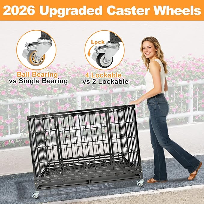 Homey Pet Heavy Duty Dog Crate for Large Dogs, 47 Inch Stackable Large Dog Cage with 4 Wheels, 2 Removable Trays and Grids, Multi Locks Strong & Solid Escape Proof Dog Kennel Indoor