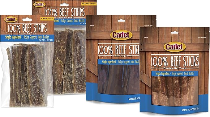 Cadet 100% Beef Strips Dog Treats, Single Ingredient Beef Esophagus Dog Jerky, Healthy High Protein Rawhide Alternative for Small & Large Dogs, 2.8 Ounce