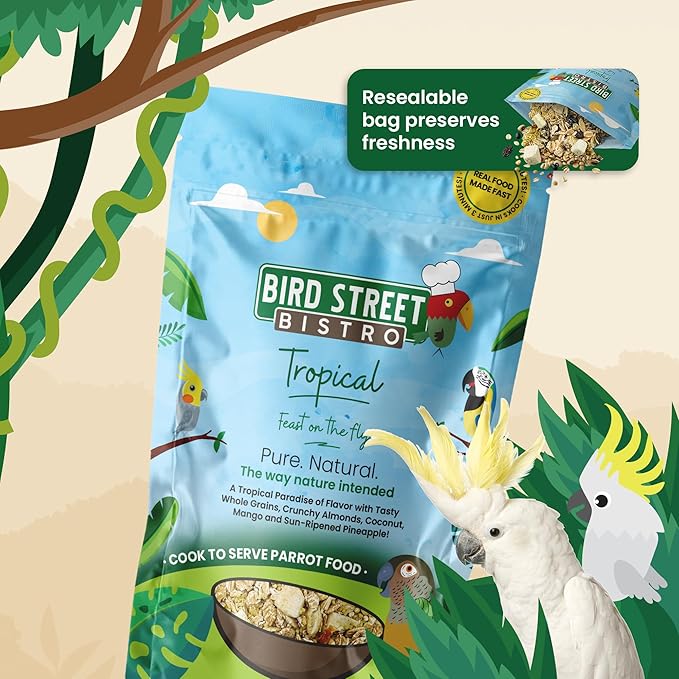 Bird Street Bistro Parrot Food - Parrot Food - Cooks in 3-15 min w/Natural Grains, Legumes, Non-GMO Fruits, Vegetables & Health-Oriented Spices.