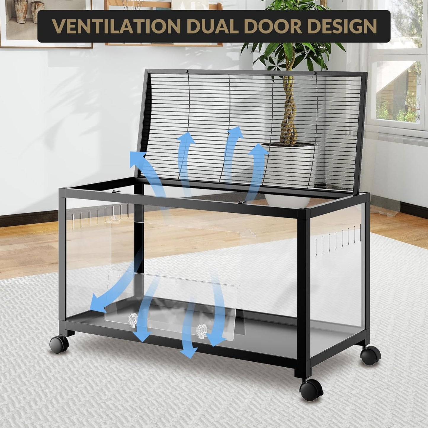 Large Metal Hamster Enclosure Rat Cage with 360 Viewing Acrylic Sides, Ventilated Front Door & Openable Top, Portable Hamster Tank for Guinea Pig, Chinchilla, Gerbil, 37.8''Lx18.5''Wx20''H Black