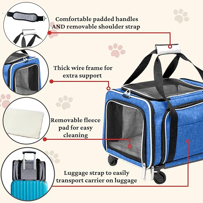 Ruff Life 101 Airline Approved Expandable Premium Pet Carrier on Wheels- Two Sided Expandable Rolling Carrier- Designed for Dogs & Cats- Extra Spacious Soft Lined Carrier! (Blue)