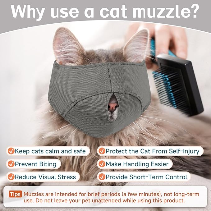 BARKLESS Cat Calming Muzzle for Grooming & Nail Trimming, Oxford Muzzle with Shading Design to Help Calm the Cat Down, Soft Head Cover to Prevent Biting & Scratching (Grey, M)