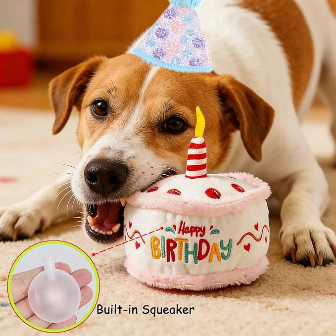 Dog Birthday Toy Pup Cake Puppy Plush Squeak and Crinkle Gift for Small Medium Pet (White)