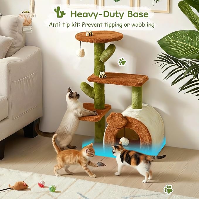 Cactus Cat Tree for Indoor Cats with Cozy Condo Wide Top Perch 27.5", Multi-Level Cat Tower with Climbing and Lounging Space Plush, Toy Ball, Brown
