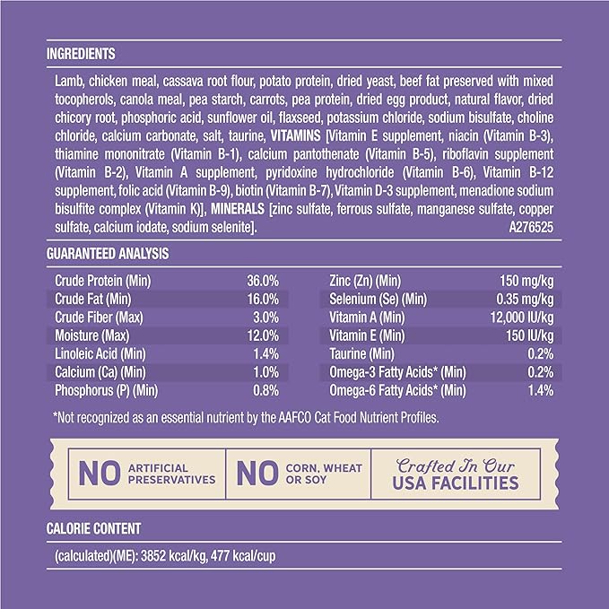 Merrick Purrfect Bistro Grain Free Pasture-Raised Lamb and Carrots Recipe Natural Dry Cat Food for Adult Cats, High Protein, Outdoor or Indoor Cat Food - 4 lb. Bag