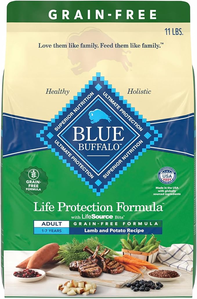 Blue Buffalo Life Protection Formula Natural Grain Free Adult Dry Dog Food, with Lamb and Potatoes, 11 lb. Bag
