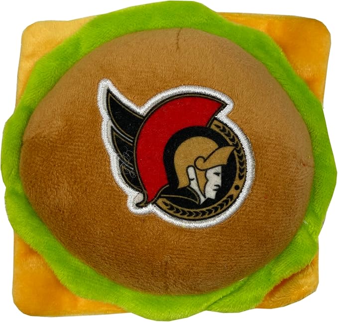 Pets First NHL Ottawa Senators Crinkle Fine Plush Dog & Cat Squeak Toy - Cutest STADIUM HAMBURGER Plush Toy for Dogs & Cats with INNER SQUEAKER & Beautiful Hockey Team Name/Logo