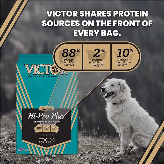 VICTOR Super Premium Dog Food – Hi-Pro Plus Dry Kibble – High Protein Dog Food with 30% Protein – Beef, Chicken, Pork, Fish Meals, Gluten Free - for High Energy and Active Dogs & Puppies, 15lbs