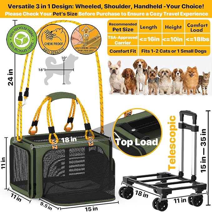 PAWZIDEA Expandable Pet Carrier with Wheels, 18"x11"x11" TSA Airline Approved Cat Carrier for 2 Cats Under Seat, Collapsible Soft-Sided Small Dog Rolling Travel Bag with Telescopic Handle, Up to 18lbs