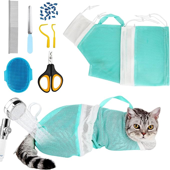 Cat Bathing Bag Adjustable Cat Grooming Net Bag Anti-bite & Anti-Scratch Cat Bath Washing Restraint Bag, Breathable Mesh Cat Grooming Bag for Shower, Nail Trimming, Injection