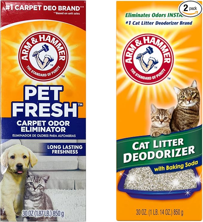 Arm & Hammer Pet Odor Control kit, Pet Fresh Carpet Odor Eliminator Long Lasting Freshness + Cat Litter Deodorizer with Baking Soda, 30 oz Each