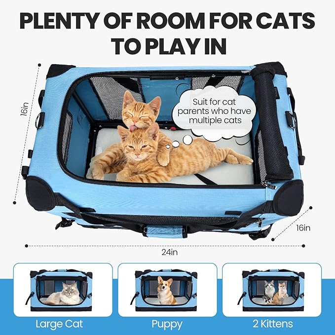 PEGIC Large Cat Carrier for Car Travel, Soft Sided Collapsible Pet Carrier for Outdoor and Indoor Uses, Roomy Extra Large Carrier for 2 Kittens, Large Cat or Puppies up to 50lbs (Teal)