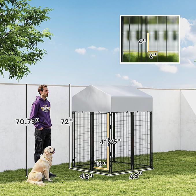 PawHut Outdoor Dog Kennel with Roof, 4' x 4' x 6' Heavy Duty Welded Wire Dog Playpen Enclosure with Escape-Proof Lock, UV-Resistant & Waterproof Cover, for Medium Dogs, Chickens, Ducks, Silver