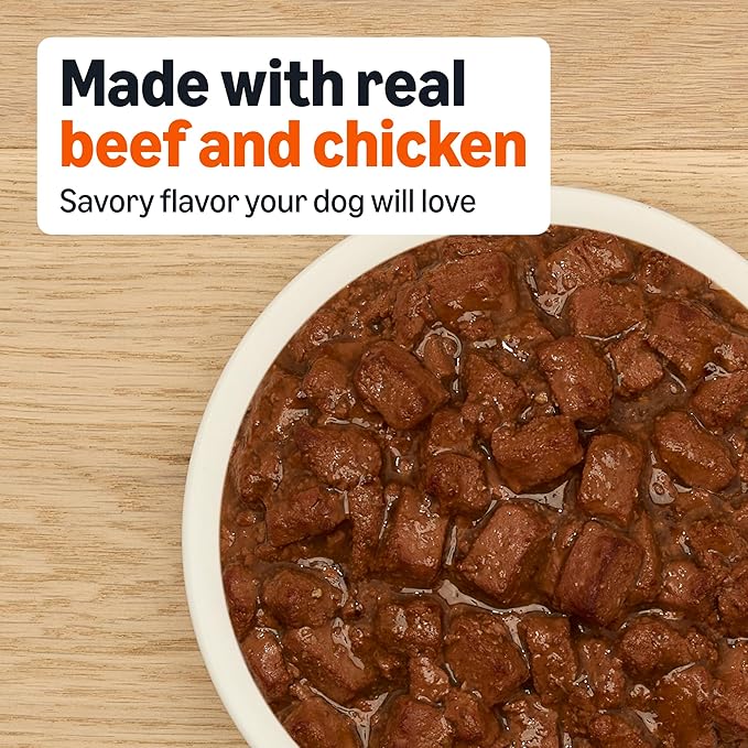 Amazon Basics Wet Dog Food, Cuts in Gravy, New York Strip Flavor, Made with Real Chicken & Beef, 13.2 oz can (Pack of 12)