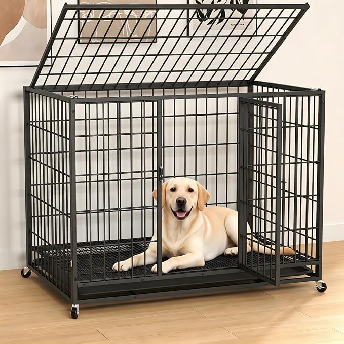 42 Inch Large Dog Crate, Escape Proof Dog Cage with Dual Door Lock and Swivel Casters,Removable Tray for Easy Cleaning, Dog Kennel Indoor Outdoor Use