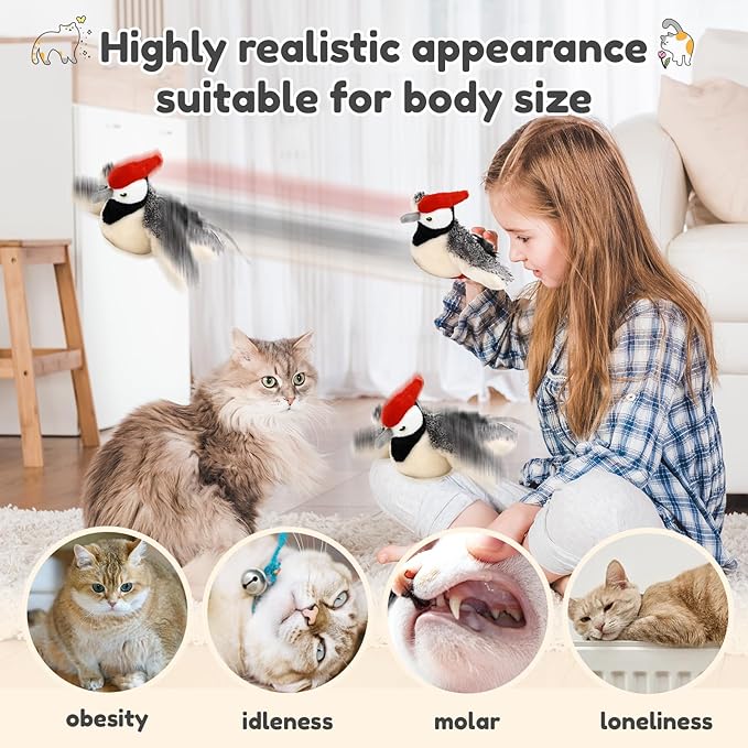 2026 New Chase Cat Toy, Rechargeable Interactive Chirping Bird Cat Toy, Chirping Bird Cat Toy Flapping Wings, Flying Interactive Simulation Electric Cat Toy (Beige)