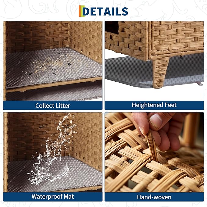 Double Litter Box Enclosure for 2 Cats - Rattan Hidden Cat Furniture with Litter Mat 2 Hooks & Doors, Large Cat House for 2 Litter Boxes, Easy Clean, 47.2" l x 19.7" w x 23.6" h Natural
