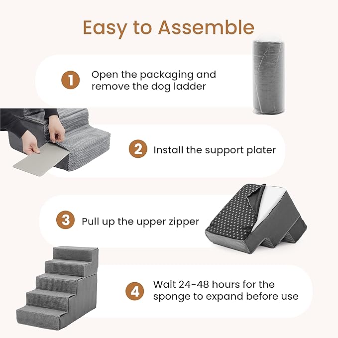 HealSmart Dog Stairs for Small Dogs, 5-Step Design Pet Steps for Puppies and Senior Cats, Versatile Indoor Pet Ramp Suitable for Sofa Couch and Chair, Non-Slip High-Density Foam Pet Ladder, Gray