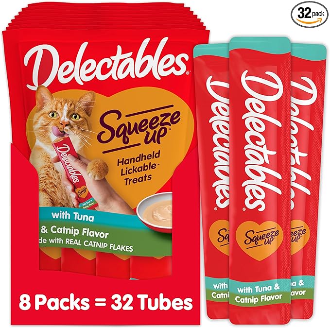 Delectables Squeeze Up Creamy Squeezable Puree, Lickable Wet Cat Treats, Grain Free, No Added Fillers, No by-Products, No Added Preservatives, 0.5 Ounces Tube Tuna with Catnip, 32 Tubes Total