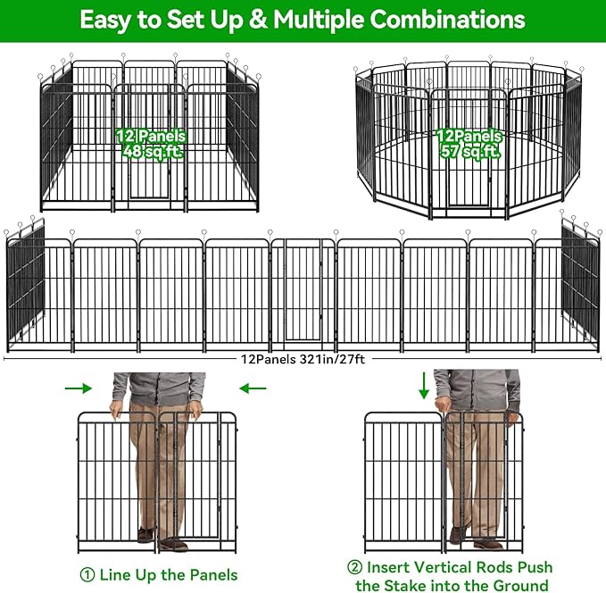 Kfvigoho Heavy Duty Dog Playpen: 12 Steel Panels 47" Height, Square Steel Pipe with Reinforced Crossbars, 27FT 57 Sq.ft Portable Fence for Yard RV Camping, Snowy Black