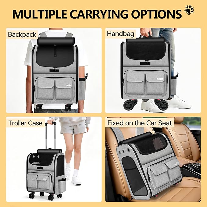 MGB Large Pet Carrier, Foldable Rolling Dog Carrier with Removable Wheels, Cat Rolling Bag 21.3"x15"x12.2" for 2 Cats & 1 Dog for Travel, Outdoor, Vet Visits, Camping, Indoor. Gray. (Not for Airline)
