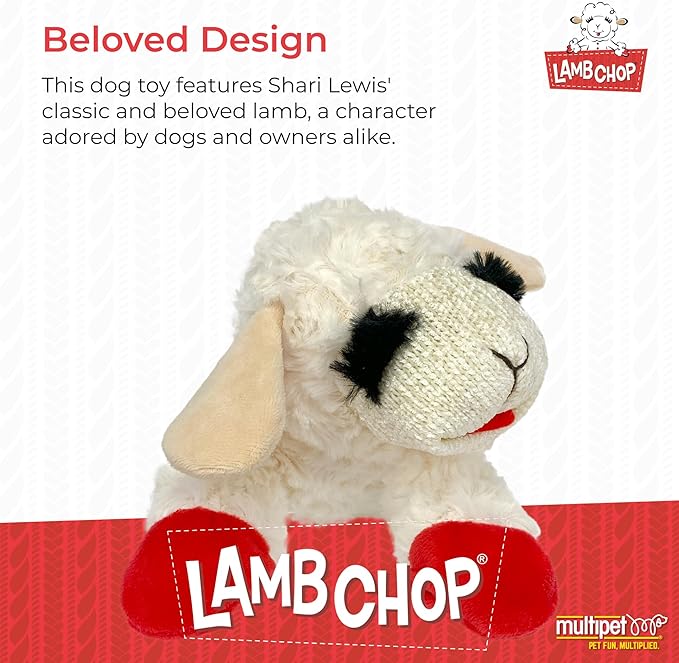 Multipet Lamb Chop Dog Plush Toy - Squeaky Toy for Small & Medium Dogs - Extra Soft Plush - Stuffed Animal for Cuddling & Playing 10" Cream, 5 Squeakers (Pack of 3)