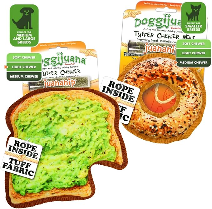 Doggijuana Cafe Combo Refillable Juananip Toy Bundle | Avocado Toast & Everything Bagel | Funny Dog Toy Plush with Catnip and Refill | Interactive Chew for Play