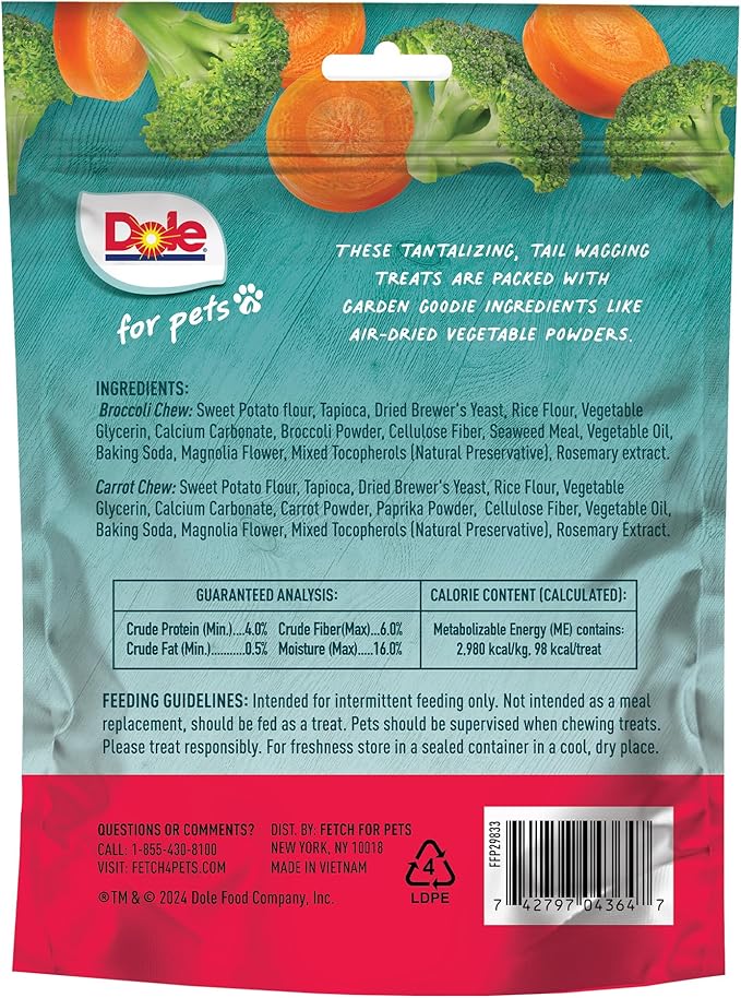 Dole for Pets Dog Chews, Assorted Broccoli + Carrot Vegetable-Flavored Treats, No Artificial Colors Flavors or Preservatives, No Wheat Corn Soy, Plant Based Dog Treats, 7.05 Oz Bag