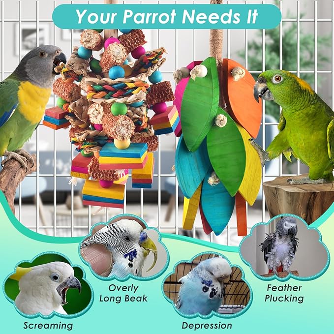 DBNESS 2 Pcs Large Bird Toys, Natural Corn Cob Parrot Chew Toy, Multicolored Leaf-Shaped Chewing Wood Blocks for Large and Medium-Sized Macaws, Cockatoos, Amazon Parrots, African Grey