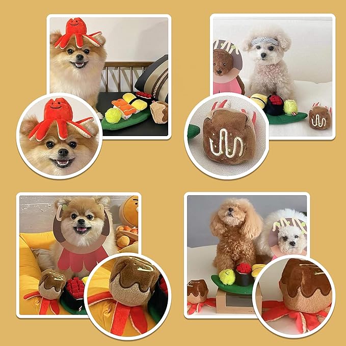Foodie Japan Takoyaki Hide and Seek Interactive Squeak Octopus Plush Toys for Dogs for Aggressive Chewers - Perfect Puzzle and Foraging Plush Toy for Small Medium Dogs Cats(2in1)