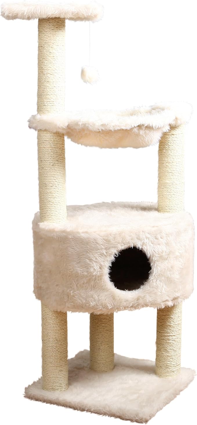 TRIXIE Baza 52" Cat Tower, Indoor Cat Furniture with Sisal Scratching Posts & Plush Covered Condo, Perch, and Hammock, Toy on String, Cream