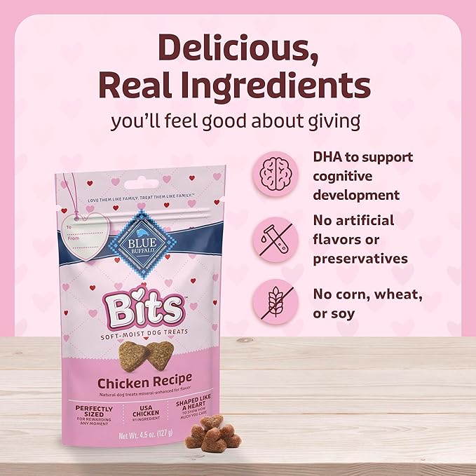 Blue Buffalo Bits Soft & Chewy Natural Dog Treats, Bite-Sized & Heart-Shaped Valentine’s Morsels, Chicken Recipe, 4.5-oz Bag