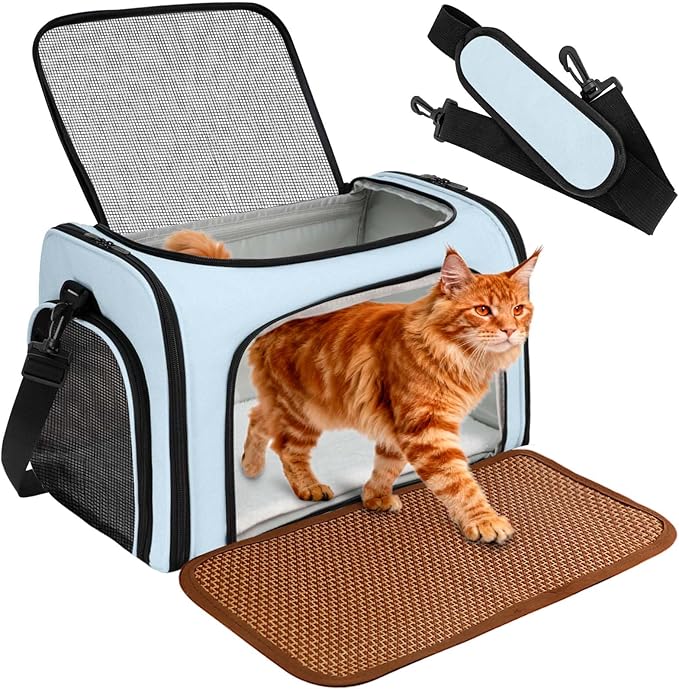 Cat Carrier - Cat Carrier Soft with Plush Pad & Cooling Mat, Easy-Load 4-Side Zipper & 3-Side Mesh Ventilation, Pet Carrier Airline Approved for Cats/Dogs Up to 16 lbs, Blue