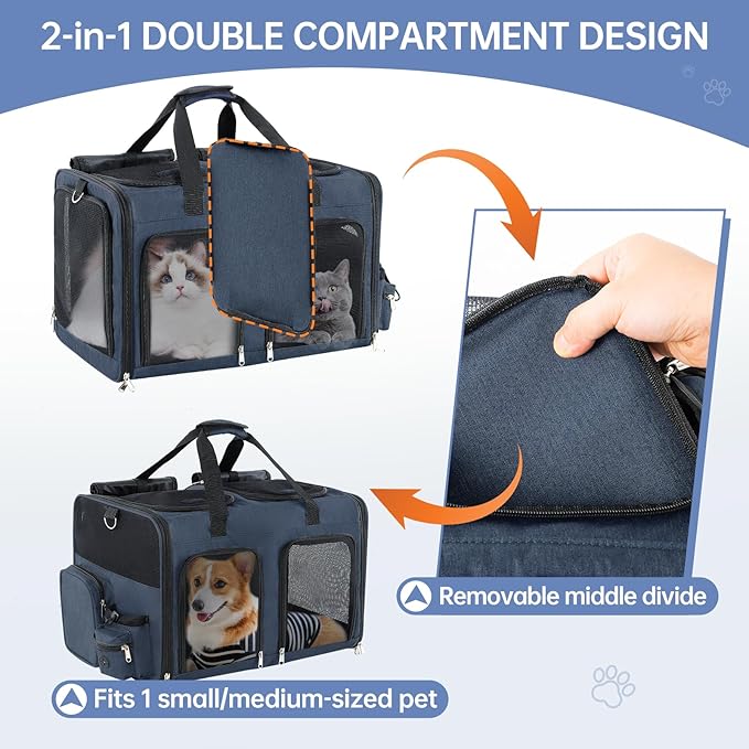 Cat Carrier for 2 Cats - Double Pet Carrier Extra Large, Dual Cabin Multi Cat Travel Carrier with Removable Divider, Collapsible, Can Hold 20 30 40 lbs for Two Small Kitten, Medium Dog Blue