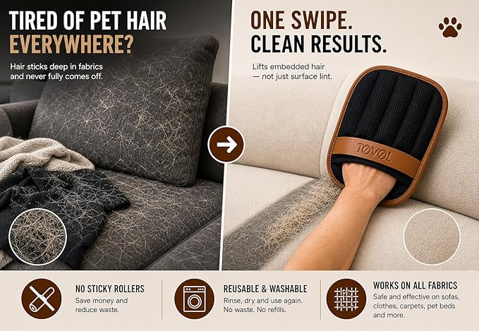 Pet Hair Remover Gloves 2-Pack | Five-Finger Electrostatic Fur & Lint Remover | Cat Hair Remover | Dog Hair Remover Gloves | Fur Remover | Reusable & Washable | Couch, Carpet, Car Seats & Laundry