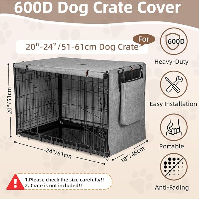 Dog Crate Cover for Anxiety,Water-Resistant & Windproof & Sun Resistant 600D Oxford Kennel Cover with Storage Bag,Calming Indoor Outdoor Pet Crate Cover for 24 Inch Wire Crates,Machine Washable,Gray