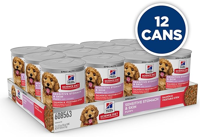 Hill's Science Diet Puppy Sensitive Stomach & Skin Wet Dog Food, Salmon & Vegetable Stew, 12.5 oz. Cans, 12-Pack