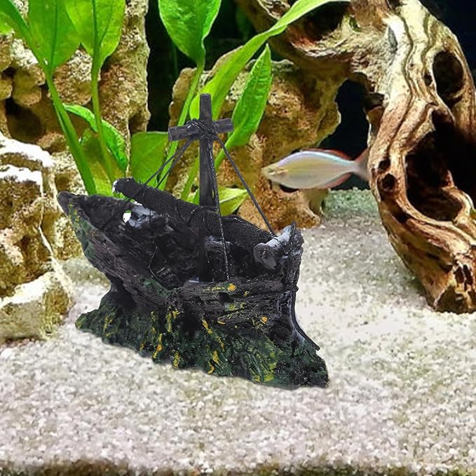 FRCOLOR Aquarium Shipwreck Decor Pirate Ship Wreck Figurine Fish Tank Ornament 4.52X1.96X3.14 Inch Resin Hideout for Betta Fish and Aquatic Pets