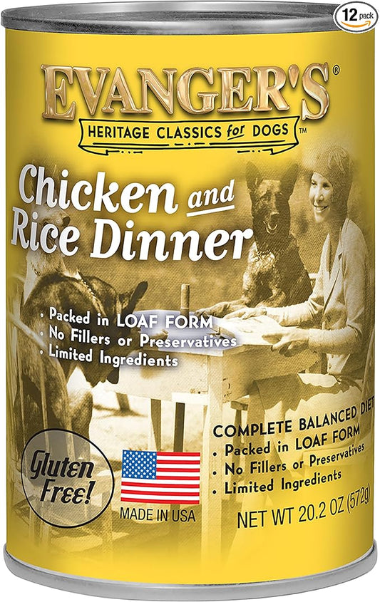 Evanger's Heritage Classic Chicken & Rice Dinner – 12 Count, 20.2 oz Each – Wet Dog Food with Chicken and Rice – Gluten-Free Loaf Style Meal – Complete and Balanced for All Life Stages
