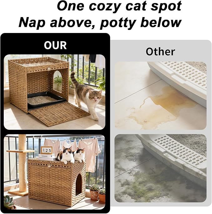 PeakPursuit Rattan Litter Box Enclosure Hidden Cat Furniture with Removable Litter Mat, Natural Cat House End Table, Easy Assembly, 27.5" l x 20.5" w x 22" h Natural Color