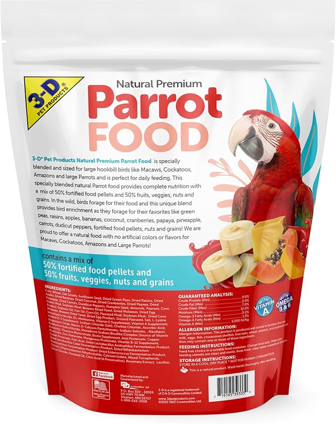 3-D Pet Products Natural Premium Parrot Food - Complete Nutritional Mix with Natural Fruits, Nuts & Veggies – 50% Fortified Pellets – No Artificial Colors (Pack of 2)