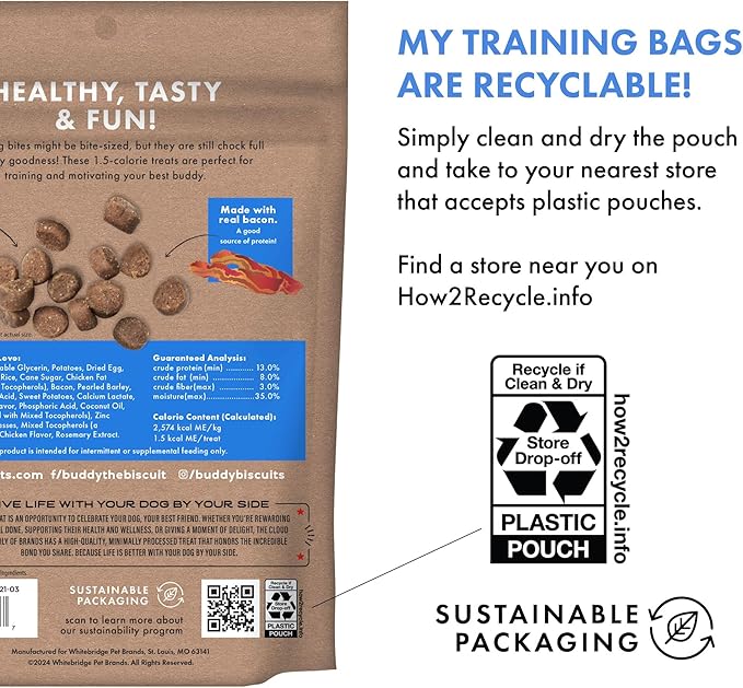Buddy Biscuits Trainers Training Bites Soft & Chewy Dog Treats, Bacon, 10 oz. Pouch