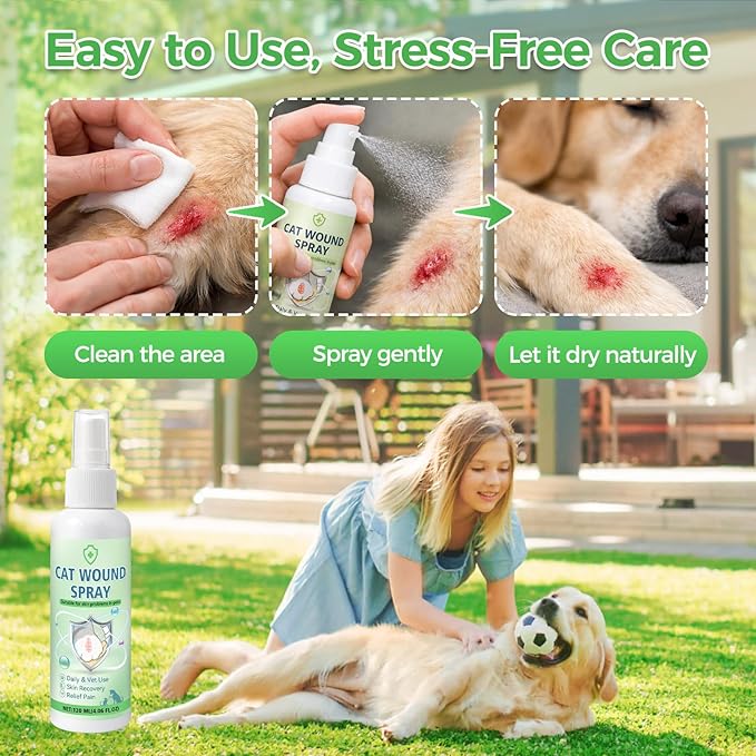Cat Wound Spray for Dogs and Cats, Waterproof Pet Skin Care Spray for Scratches Bites Burns Redness and Minor Cuts, Gentle Dog Wound Care Formula Supports Daily Recovery and Comfort, 120ml (120ml)