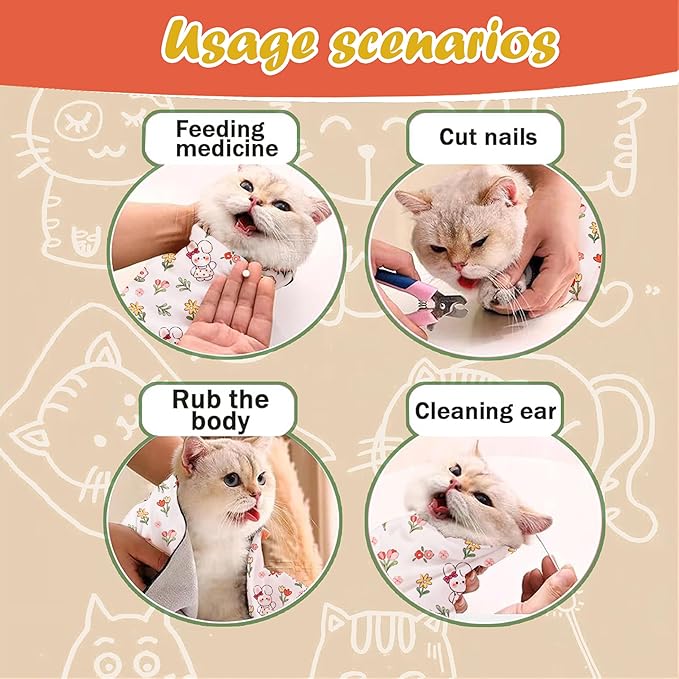 Cat Wrap for Cutting Nails and Grooming,Cat Restraint Wrap for Nail Clipping,Self-Adhesive Fabric Cat Swaddle Burrito Wrap for Nail Trimming (Rabbit Style)