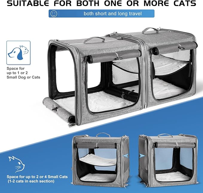 Cat Carrier for 2 Cats, Pet Travel Carrier for Cats and Small Dogs Up to 45 Lbs, Bowls, and Locking Zippers