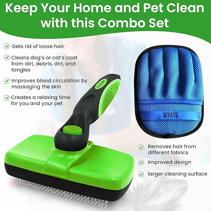 Pet Self Cleaning Slicker Brush and Pet Hair Remover Glove. A Brush for Cat and Dog Shedding, Massaging, and a Cleaning Mitt with Improved Design. Suitable for Long and Short haired Dogs and Cats